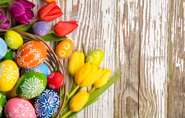 Картинка colorful, Пасха, тюльпаны, happy, wood, flowers, tulips, spring, Easter, eggs, holiday, яйца крашеные
