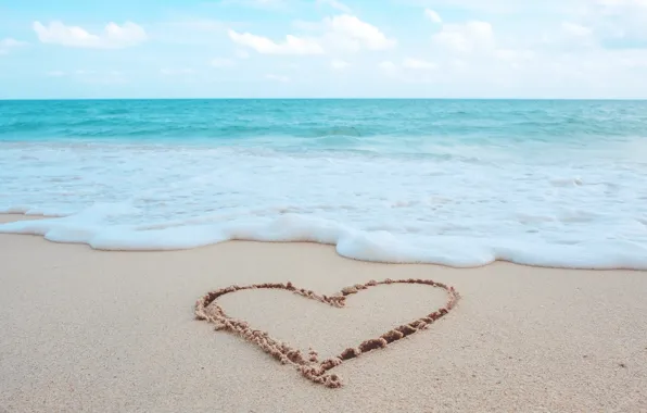 Картинка песок, море, волны, пляж, лето, любовь, сердце, summer, love, beach, sea, heart, romantic, sand