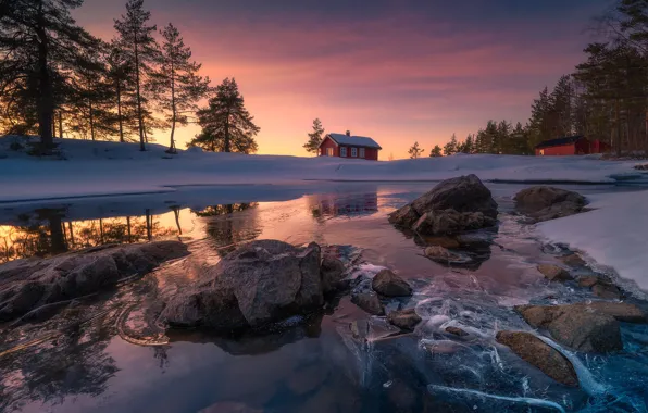 Картинка снег, лёд, Норвегия, домик, Norway, Ringerike