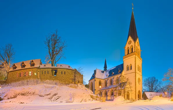 Картинка зима, замок, Германия, церковь, Kastellaun, Rhineland-Palatinate
