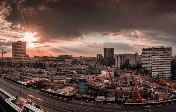 Картинка Москва, закат солнца, строительство метро