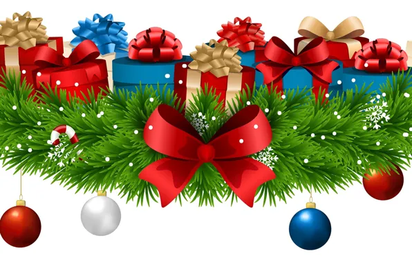 Картинка украшения, снежинки, шары, елка, Новый Год, подарки, бант, New Year, Happy