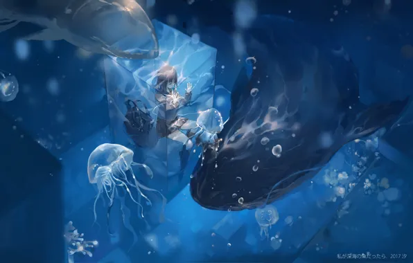 Картинка девушка, аниме, арт, медузы, под водой, qqwew00123