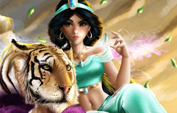 Картинка девушка, тигр, Aladdin, by IndyMBras, Jasmine and Rajah