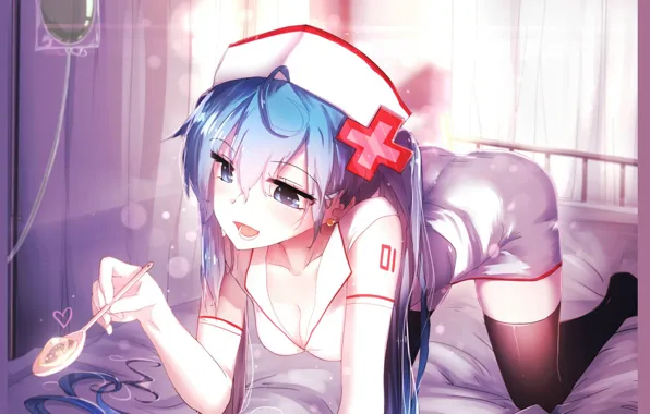 Картинка кровать, чулки, ложка, vocaloid, медсестра, Hatsune Miku, голубые волосы, головной убор, капельница, на четвереньках