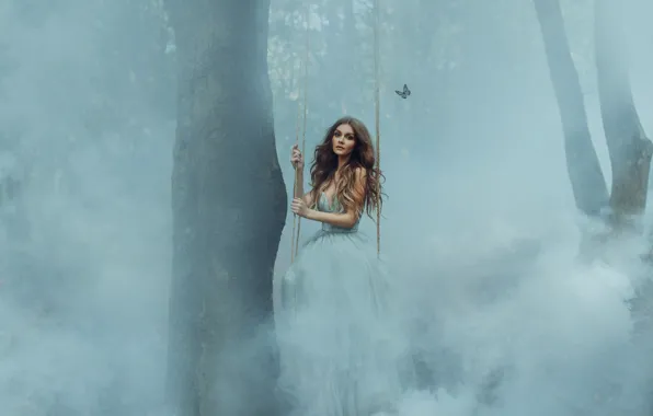 Картинка лес, девушка, деревья, туман, качели, бабочка, Holly Tandy