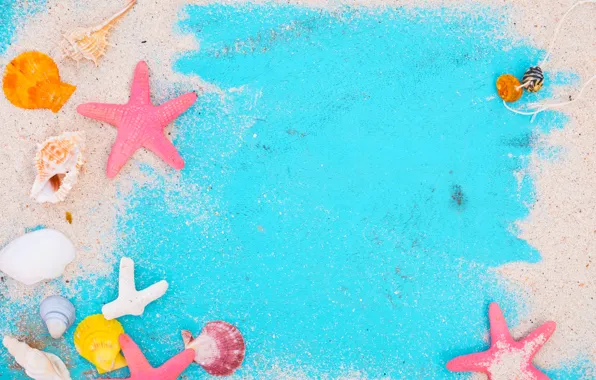 Картинка песок, пляж, фон, доски, звезда, ракушки, summer, beach, wood, sand, marine, starfish, seashells