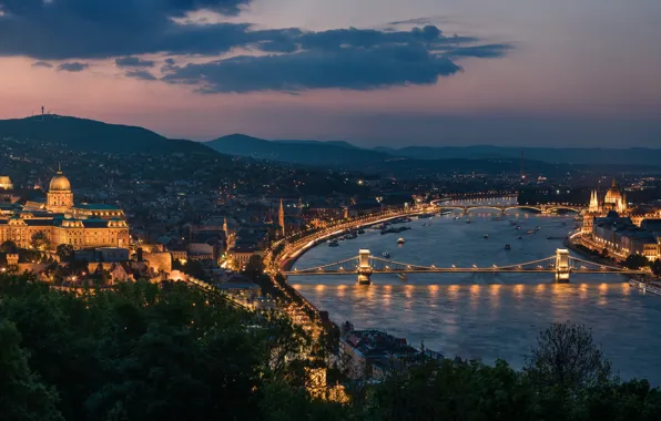 Картинка река, панорама, мосты, ночной город, Венгрия, Hungary, Будапешт, Budapest, Цепной мост, Danube River, Замок Буда, …
