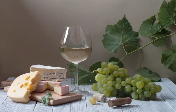 Картинка листья, стол, вино, бокал, сыр, пробка, доска, винорад