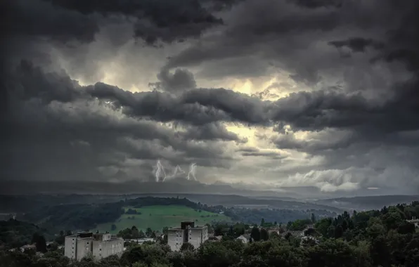 Картинка storm, lightning, village