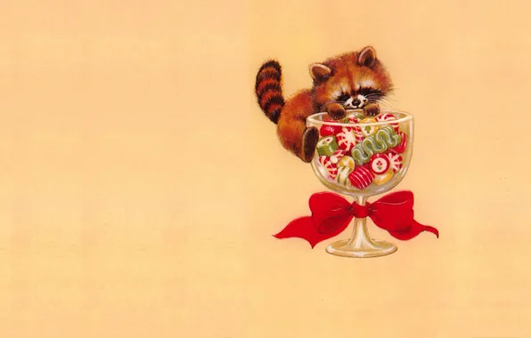 Картинка настроение, праздник, бокал, арт, конфеты, Новый год, красная панда, бантик, детская, пандочка