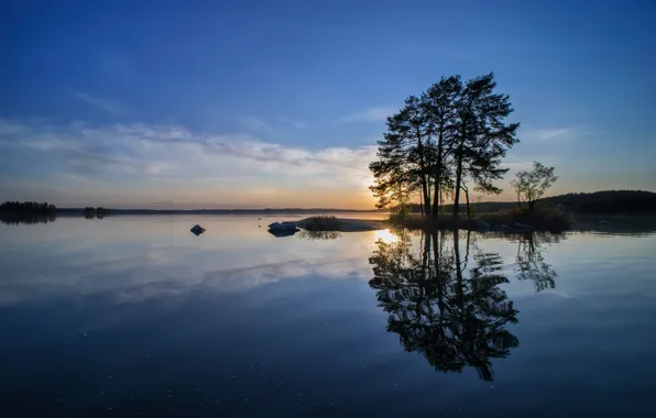 Картинка закат, природа, озеро, дерево, вечер, Финляндия