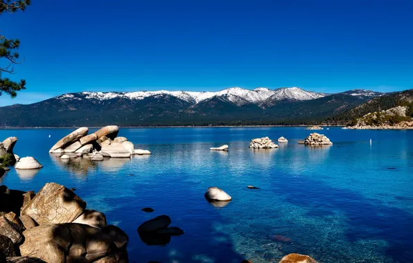 Картинка горы, озеро, гладь, камни, США, California, Lake Tahoe