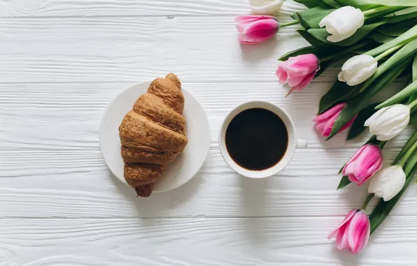 Картинка цветы, кофе, завтрак, чашка, тюльпаны, розовые, white, heart, wood, pink, flowers, cup, romantic, tulips, coffee, …