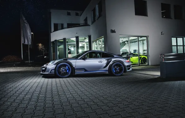 Картинка ночь, здание, 911, Porsche, Street, TechArt, Turbo GT