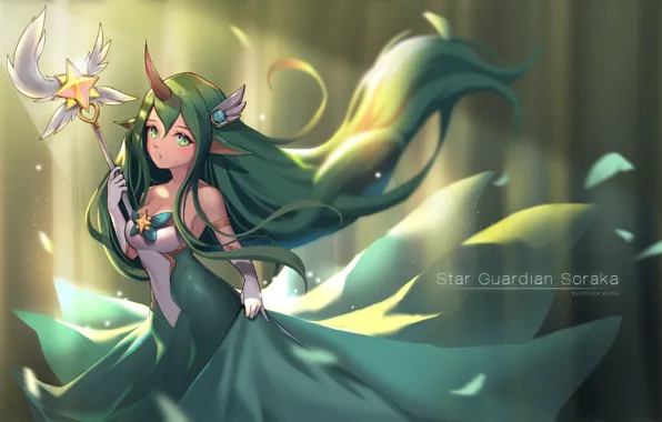 Картинка green, girl, star, dress, Soraka, powerful, strong, seifuku, protector, horn, guardian, japonese, star guardian, mahou …