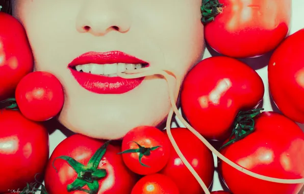 Картинка девушка, рот, помада, помидоры, спагетти, томаты, макаронина