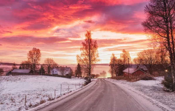 Картинка зима, дорога, закат, дома, Pink Hour