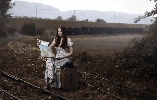 Картинка девушка, железная дорога, чемодан