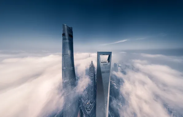 Картинка небо, облака, город, туман, Китай, Шанхай