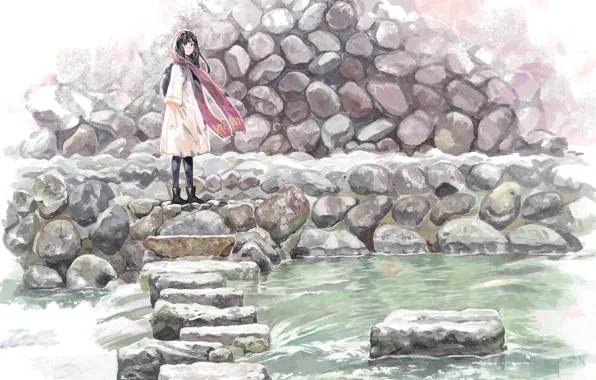 Картинка девушка, ручей, камни, шарф, anime, art