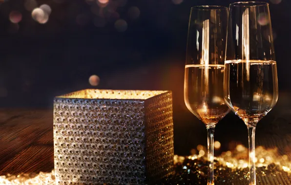 Картинка украшения, ночь, подарок, Новый Год, бокалы, шампанское, 2018, New Year, decoration, Happy