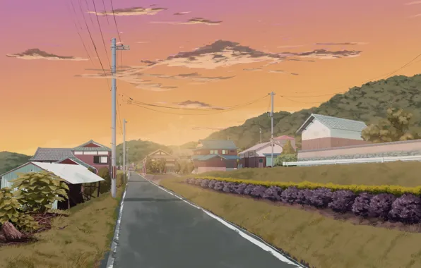 Картинка дорога, зелень, небо, холмы, столбы, провода, дома, Япония, деревня, art, Sasaki112