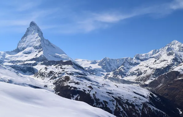 Картинка rock, sky, landscape, Italy, nature, mountain, snow, Matterhorn, peak
