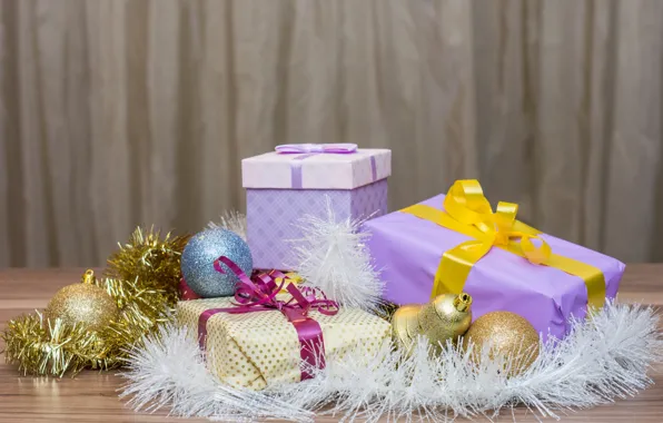 Картинка праздник, шары, игрушки, новый год, подарки, мишура