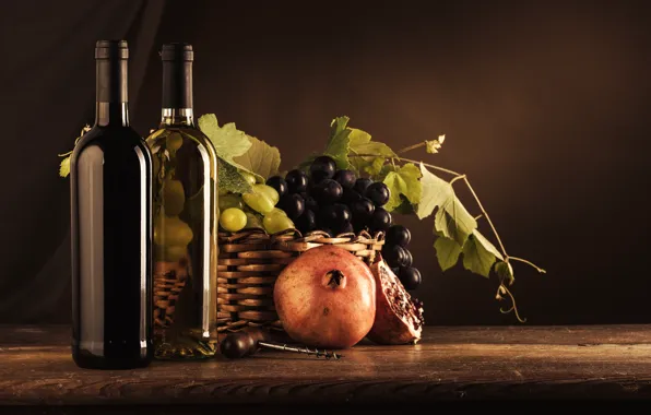 Картинка вино, виноград, бутылки, штопор, гранат