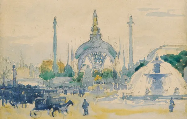 Картинка рисунок, акварель, Henri Edmond Cross, Анри Кросс, Площадь Согласия во время Всемирной Выставки