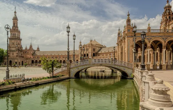 Картинка мост, канал, Испания, дворец, Севилья, Площадь Испании