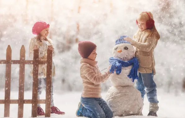 Картинка зима, снег, дети, игра, снеговик