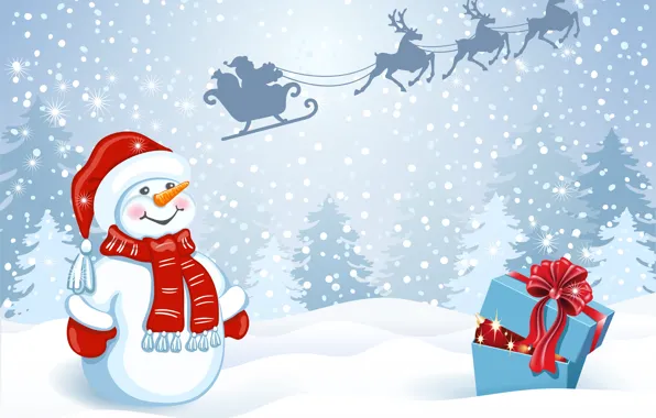 Картинка зима, снег, праздник, елки, новый год, снеговик