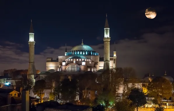 Картинка ночь, огни, луна, башни, храм, мечеть, архитектура, купол, Стамбул, Турция, Собор Святой Софии