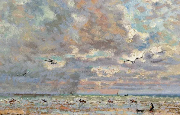 Картинка море, облака, пейзаж, берег, картина, Довиль в Январе, Андре Гамбург, Andre Hambourg