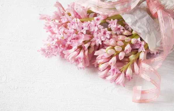 Картинка цветы, розовый, нежность, букет, лента, hyacinth