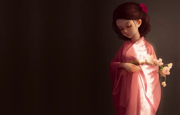 Картинка девушка, веточка, настроение, весна, аниме, сакура, арт, кимоно, цветочек, kimono, Lu Yao