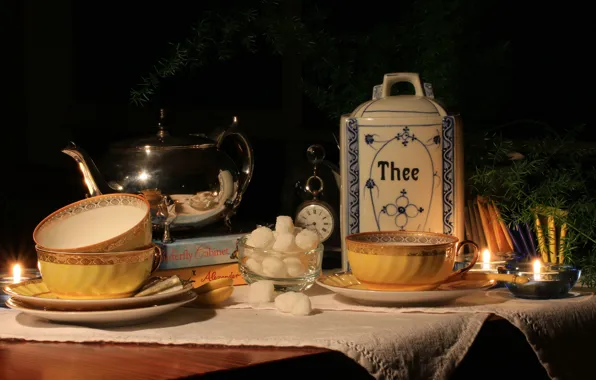 Картинка чай, свеча, чайник, чашка, сахар, натюрморт