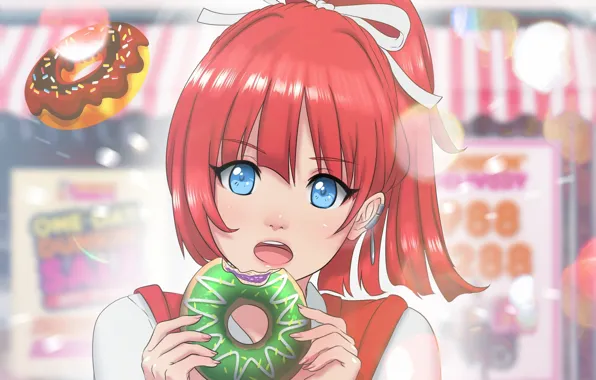 Картинка аниме, арт, девочка, пончик, вкусняшка, mawa setiawan, ara akazora fanart donuts!