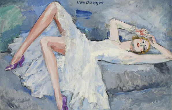 Картинка масло, платье, блондинка, холст, 1921, Kees van Dongen, Сиреневые туфли, девушка на кровате