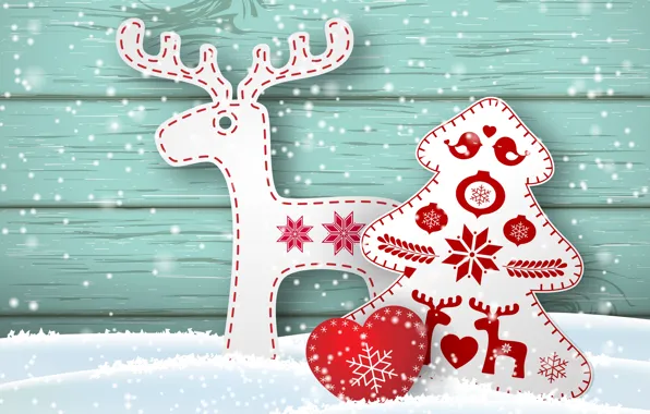 Картинка фон, праздник, рисунок, елка, рождество, олень, сердечки