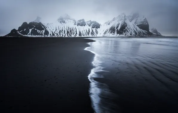 Картинка зима, море, пляж, снег, горы, природа, Исландия