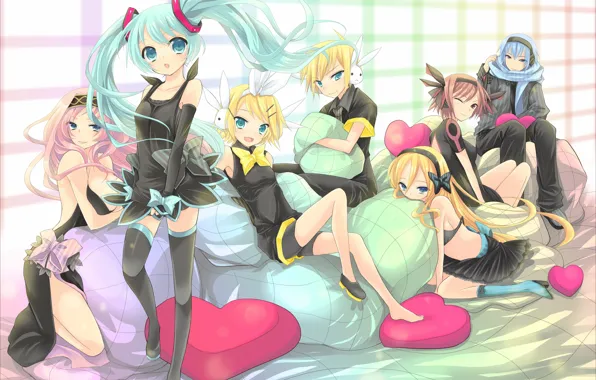 Картинка подушки, аниме, арт, сердечки, Vocaloid, Вокалоид, персонажи