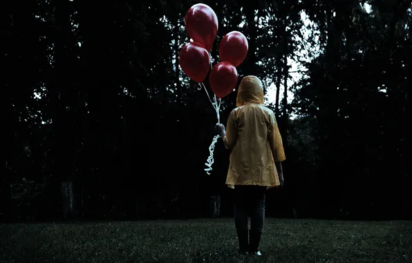 Картинка dark, grass, forest, trees, figure, mood, sadness, feeling, person, boots, waterproof, lawn, Balloons