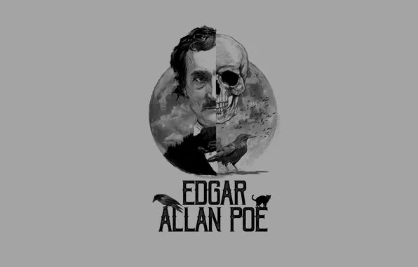 Картинка лицо, надпись, луна, череп, мистика, вороны, писатель, поэт, Edgar Allan Poe, Эдгар Аллан По