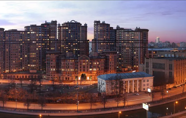Картинка закат, огни, река, дороги, дома, вечер, панорама, Москва, Россия, мосты