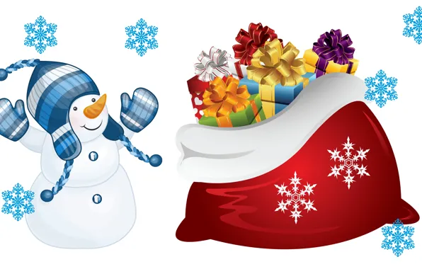 Картинка радость, настроение, праздник, арт, подарки, Новый год, снеговик, мешок, снежинка, детская