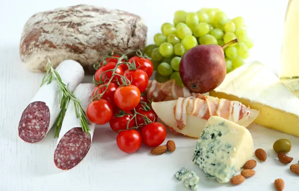 Картинка сыр, хлеб, виноград, груша, орехи, помидор, колбаса, бекон, дыня, продукты