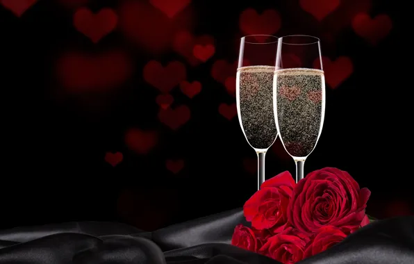 Картинка цветы, розы, бокалы, сердечки, красные, черный фон, шампанское